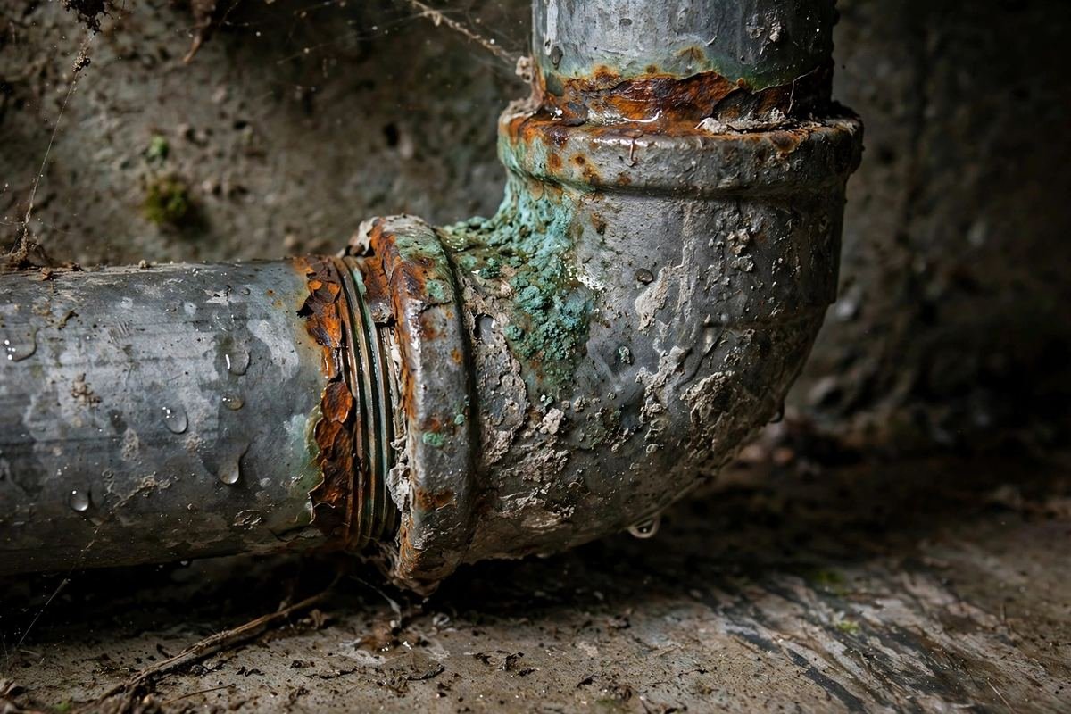 Old corroded galvanized water pipe with rust discoloration at a joint