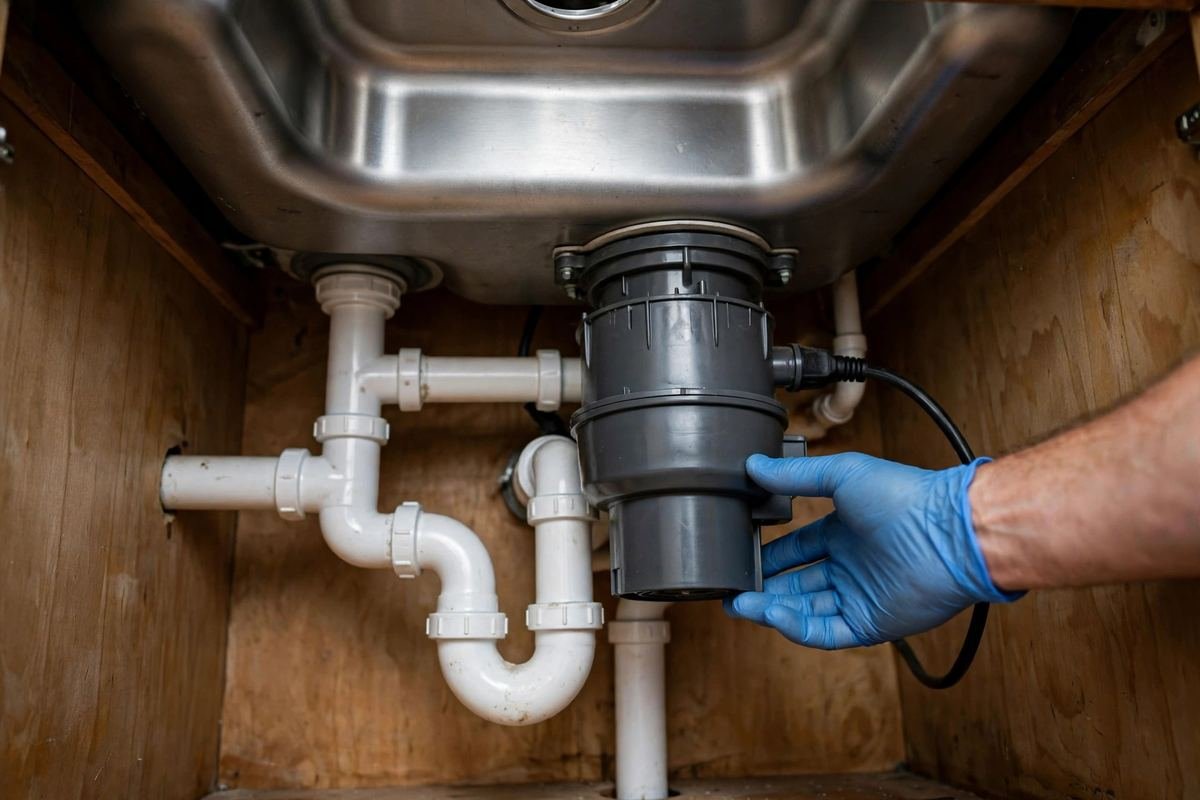 Garbage disposal unit mounted under a clean kitchen sink with drain pipes