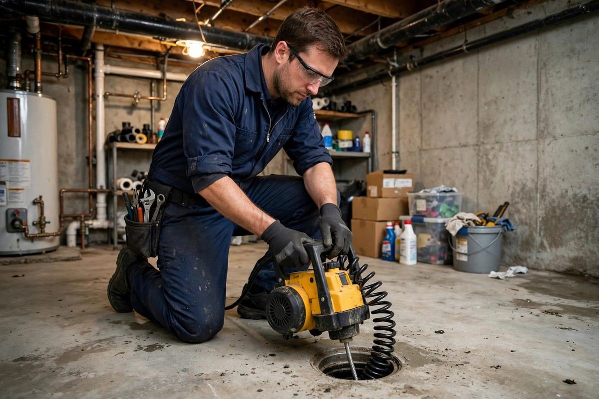 Plumber using professional drain cleaning equipment on a floor drain