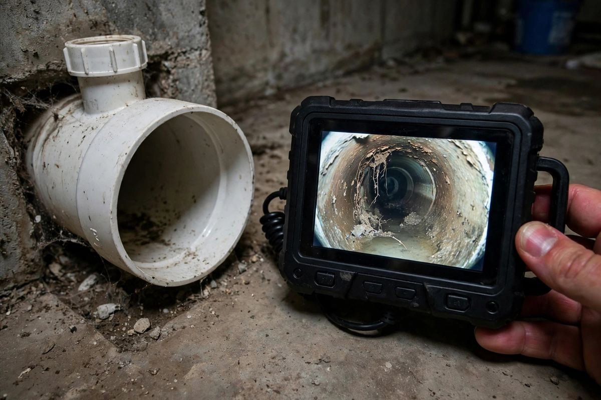 Small inspection monitor displaying the inside of a drain pipe