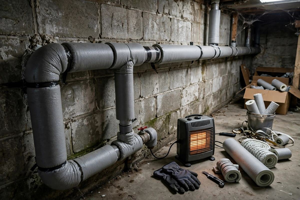 Basement water pipe wrapped in foam insulation sleeves