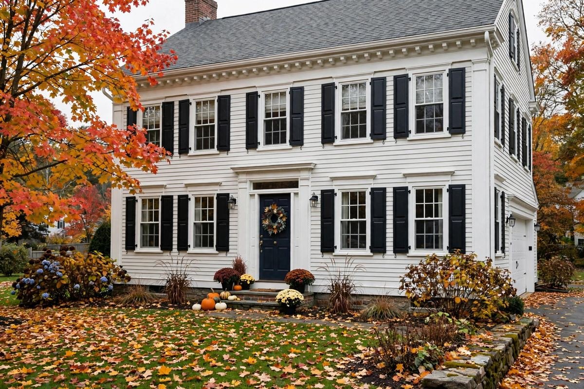 Classic New England colonial style suburban house exterior in autumn