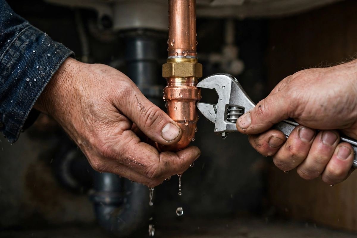 Plumber tightening a copper pipe fitting under a bathroom sink