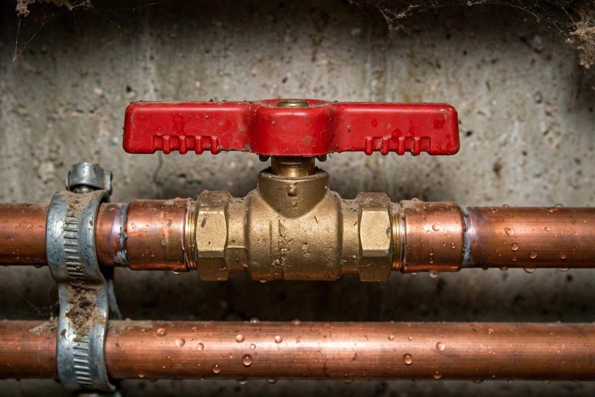 Red-handled main water shut-off valve on a home water supply line