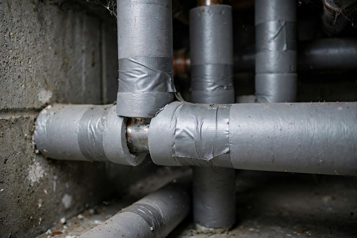 Water pipes fitted with gray foam insulation sleeves and tape in a basement