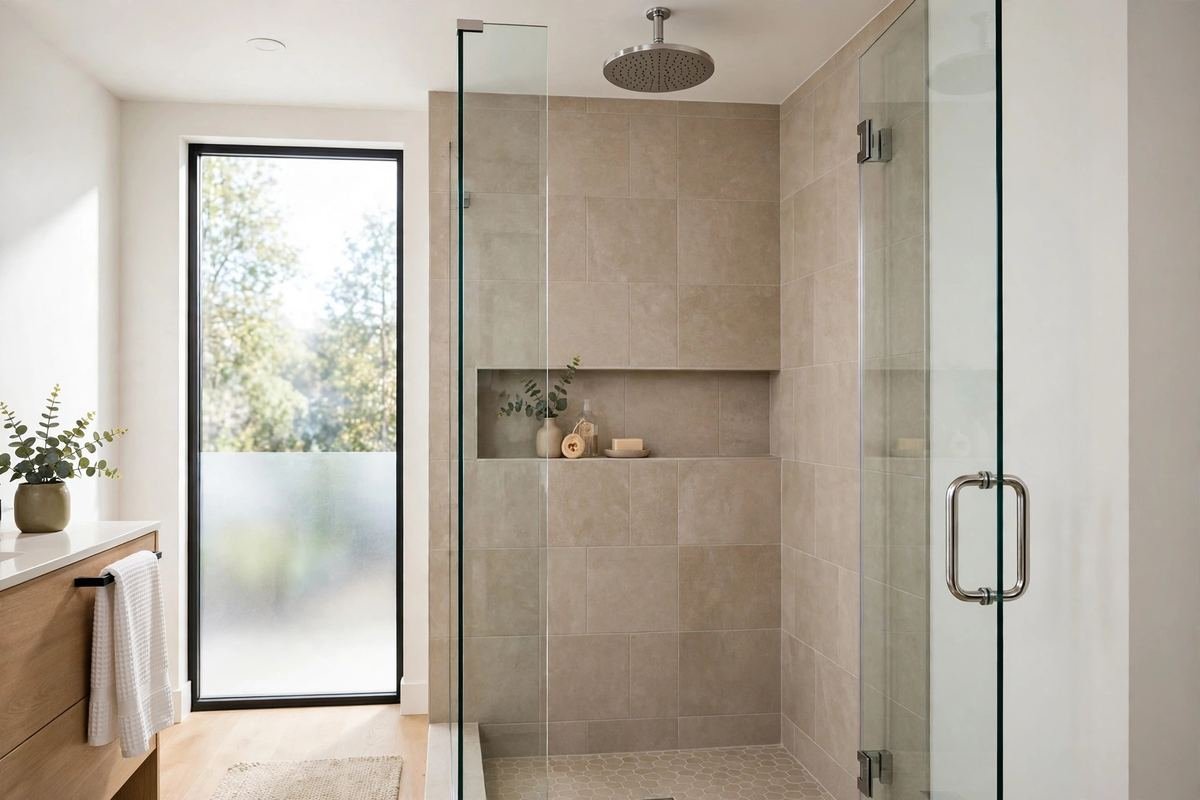 Clean modern shower with rainfall showerhead, glass door, and tiled walls