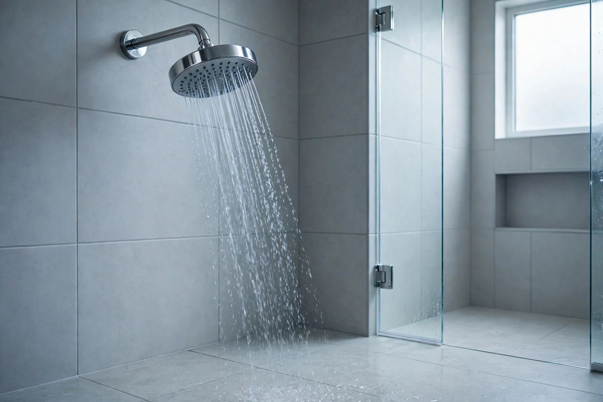 Modern showerhead with water running in a clean tiled bathroom