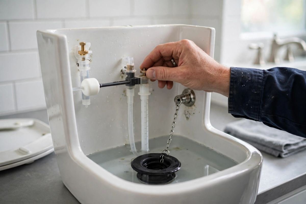 Open toilet tank showing fill valve and flapper parts being adjusted