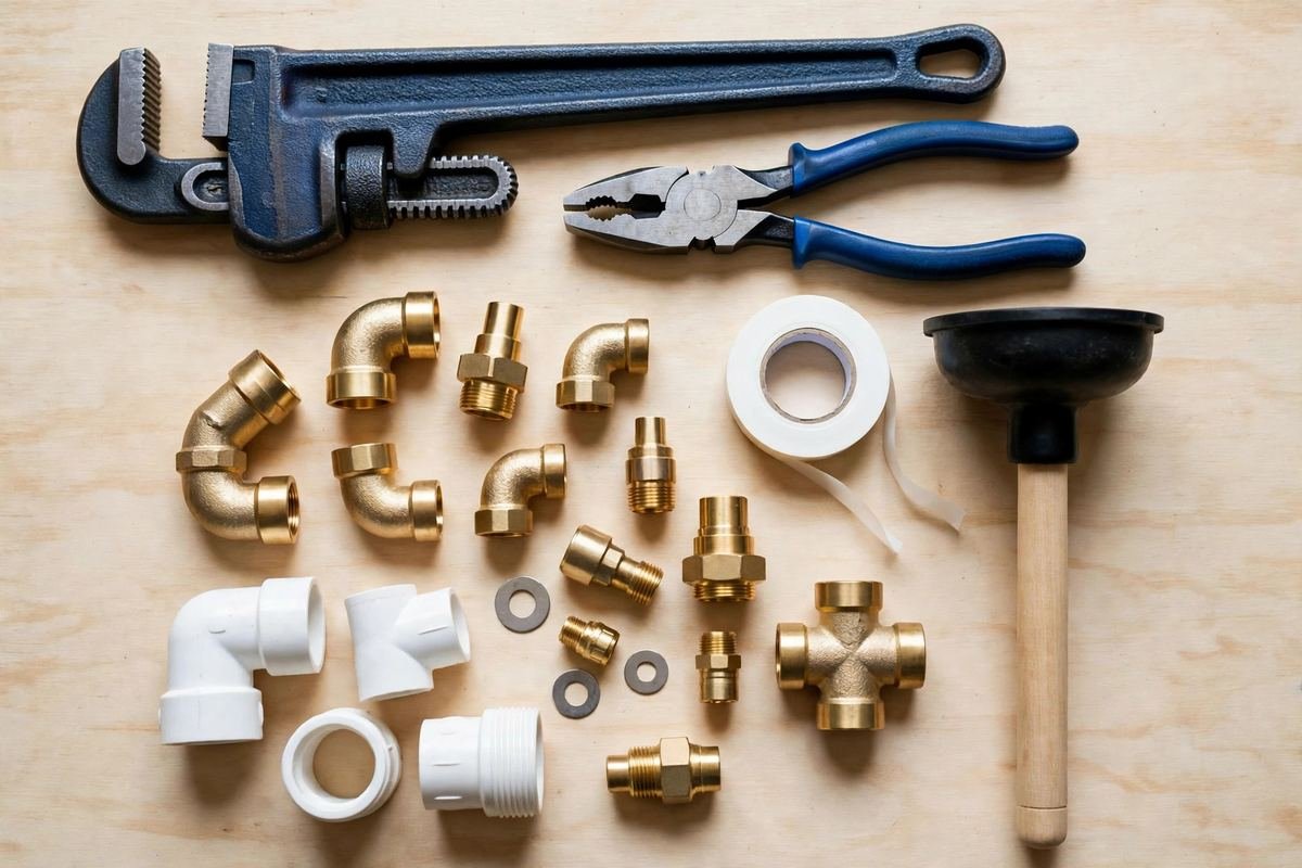 Professional plumbing tools neatly arranged on a clean workbench