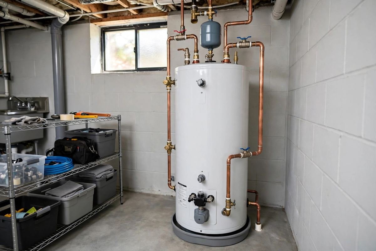 Modern residential tank water heater installed in a clean basement utility room